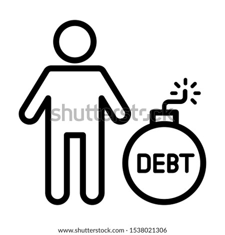 Debt icon, man with wording DEBT placed in the middle of the bomb. Simple design. Line vector. Isolate on white background.