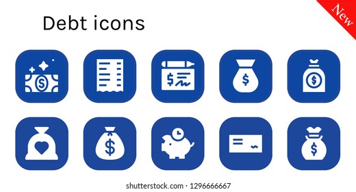  debt icon set. 10 filled debt icons. Simple modern icons about  - Bill, Receipt, Cheque, Money bag, Budget, Piggybank