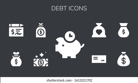 conjunto de iconos de deuda. 9 iconos de deuda rellenados. Incluidos Piggybank, Bill, Money bag, Check, Budget iconos