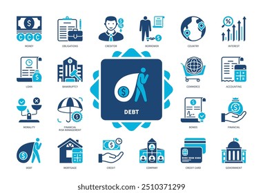 Ícone de débito definido. Credor, Mutuário, Empréstimo, Obrigações, Contabilidade, Financeiro, Cartão de Crédito, Hipoteca. Ícones sólidos de cor duotônica