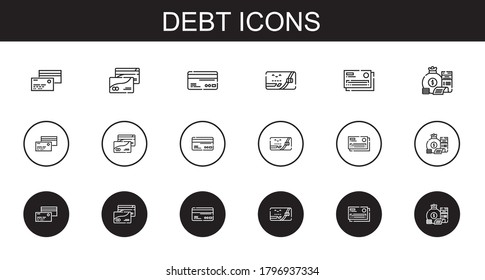 debt icons set. Collection of debt with credit card, money bag. Editable and scalable debt icons.