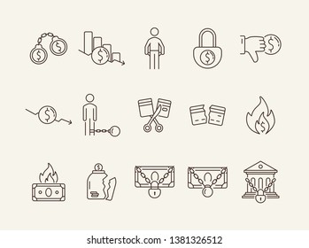 Debt icons. Set of line icons on white background. Arrested bank, broken jar, cutting credit card. Bankruptcy concept. Vector illustration can be used for topics like finance, crime, banking