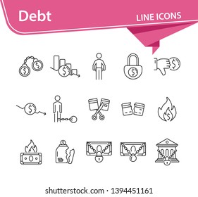 Debt icons. Set of line icons on white background. Arrested bank, broken jar, cutting credit card. Bankruptcy concept. Vector illustration can be used for topics like finance, crime, banking