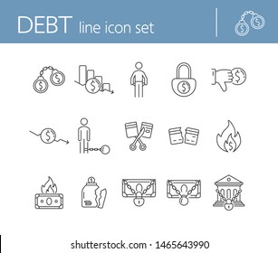 Debt icons. Set of line icons on white background. Arrested bank, broken jar, cutting credit card. Bankruptcy concept. Vector illustration can be used for topics like finance, crime, banking