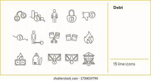 Debt icons. Set of line icons on white background. Arrested bank, broken jar, cutting credit card. Bankruptcy concept. Vector illustration can be used for topics like finance, crime, banking