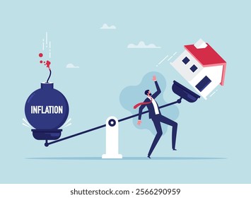 Debt Inflation, Increased Interest Rates Raise Household Debt. Floating Interest Ceiling, house and Inflation weight balancing on a seesaw

