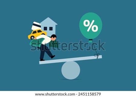 Debt Inflation, Increased Interest Rates Raise Household Debt. Floating Interest Ceiling. Air Balloon Tied to a Seesaw. Businessman Burdened with Heavy Debt. Vector Business Illustration
