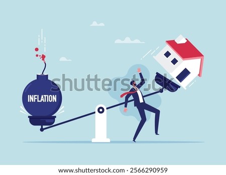 Debt Inflation, Increased Interest Rates Raise Household Debt. Floating Interest Ceiling, house and Inflation weight balancing on a seesaw
