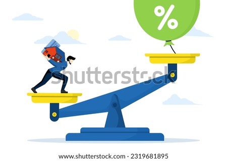 Debt inflation. Raising interest rates increases household debt. Hot air balloon tied on a seesaw. Floating interest ceiling. Businessman carrying heavy burden of debt vector.
