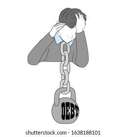 a DEBT kettlebell hangs on a person’s neck. debts, loans, hanging heavy load. vector illustration.