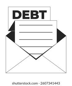 Debt letter in envelope 2D line object. Overdue payments. Financial obligation. Economic hardship. Unpaid bill. Creditor invoice isolated clipart vector ink outline item. Monochrome spot illustration