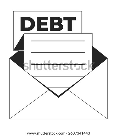 Debt letter in envelope 2D line object. Overdue payments. Financial obligation. Economic hardship. Unpaid bill. Creditor invoice isolated clipart vector ink outline item. Monochrome spot illustration