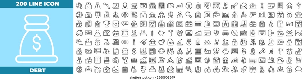 Debt Line Editable Icons set. Vector illustration in modern thin line style of debt icons: Debt Relief, Insolvent Aid, Credit Crash, Debt Snowball, Debtor Aid, etc