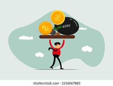 Debt, Living Expenses Or Expenses To Be Paid, Financial Obligation For Lifestyle Concept, Brilliant Idea For Company, Tired Businessman Lifting Burden With Workload, Debt Interest And Big Ambition