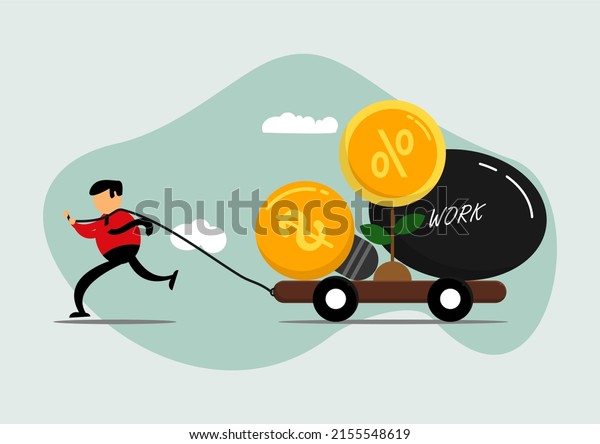 Debt, living expenses or expenses to pay,\
financial obligation for lifestyle concept, brilliant idea for\
company, exhausted businessman pulling load trolley with workload,\
debt interest and big\
ambiti