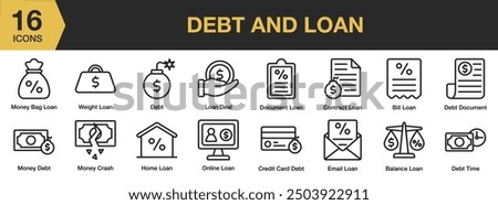 Debt And Loan icon set. Includes contract, credit card, debt time, email loan, home loan, and More. Outline icons vector collection.