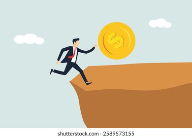 Debt, loan payment or mortgage problem, financial failure or investment risk, bankruptcy, spending or money mistake concept, frustrated businessman try so hard to push huge money coin from the cliff