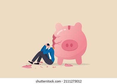 Debt And Loan Problem, Financial Mistake, Poverty Or Bankruptcy Concept, Depressed Businessman Sitting With Broken Piggy Bank.