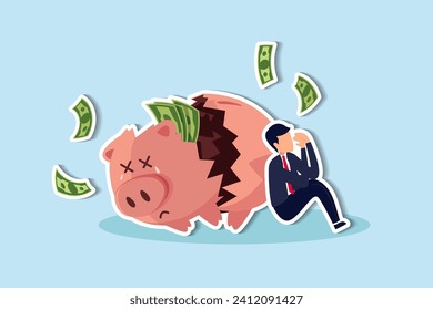 Debt and loan problem, financial mistake, poverty or bankruptcy concept, depressed businessman sitting with broken piggy bank.