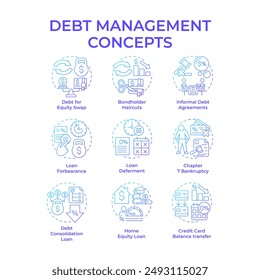 Debt management blue gradient concept icons. Interest rate, financial counseling. Loan statement. Icon pack. Vector images. Round shape illustrations for infographic, presentation. Abstract idea
