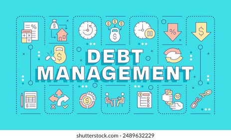 Debt management blue word concept. Low interest rate. Financial situation. Economic stability. Typography banner. Vector illustration with title text, editable icons color