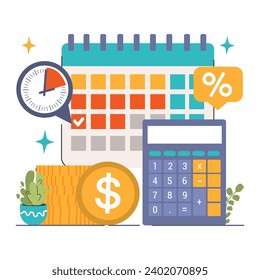 Debt Management Essentials concept. Calendar and clock signify timely payments while calculator and interest symbol denote financial planning. Flat vector illustration