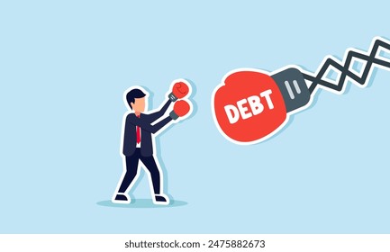 Debt management, fight with debt for financial freedom, concept of A professional businessman, in boxing gloves, fights a creditor's huge Debt glove