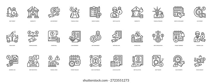 Debt Management line style icon set. Containing Debt Payment, Bankruptcy, Loan Repayment, Financial Stress, Budget Planning