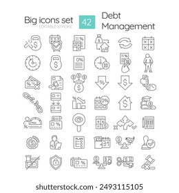 Debt management linear icons set. Bank statement, balance sheet. Detailed budget, loan. Payment terms. Customizable thin line symbols. Isolated vector outline illustrations. Editable stroke