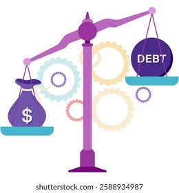 debt management, money bag and loan scales with gear background