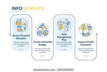 Debt management plan rectangle infographic vector. Counseling agencies, credit contract. Data visualization with 4 steps. Editable rectangular options chart