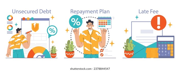 Debt management set. Organization, tracking and paying off debts. Financial planning and budgeting. Payment strategy development. Flat vector illustration