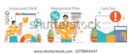 Debt management set. Organization, tracking and paying off debts. Financial planning and budgeting. Payment strategy development. Flat vector illustration