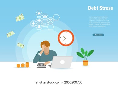 Debt Management, Debt Stress. Frustrated Businessman Try To Manage Bills And Expenses Spending With Fixed Income. Money Spending And Cash Control Concept.