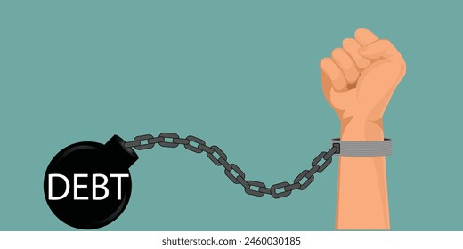 Debt metal ball. hand by shackles chain with weight metal ball, concept of Debt and loan problem, financial mistake, bankruptcy and stress vector illustration.