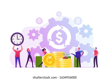 Debt or Mortgage Refinance Concept. Tiny People around Dollar Sign in Loop Arrow Growing Plant on Golden Coins and Moving Huge Cogwheels Saving Budget Money and Time. Cartoon Flat Vector Illustration