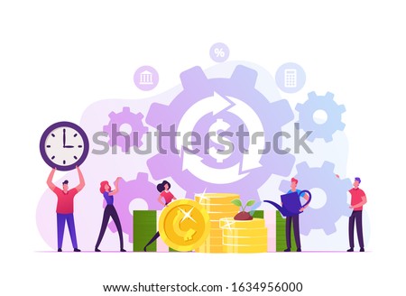 Debt or Mortgage Refinance Concept. Tiny People around Dollar Sign in Loop Arrow Growing Plant on Golden Coins and Moving Huge Cogwheels Saving Budget Money and Time. Cartoon Flat Vector Illustration