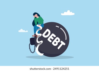 Debt or NPL problem, loan or lending crisis, overspending mistake causing debt burden, recession or bankruptcy, credit default concept, young woman with overdue bill payment chained with debt burden.