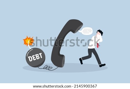 Debt payment notification via phone call, attempt to default on personal debt, loan, or mortgage 
concept. Depressed businessman running away from giant telephone connected to ignited debt bomb.
