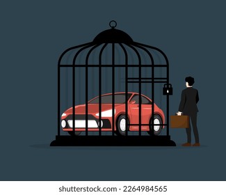 Debt Personal Car Konzept, Auto in Schloss mit Geschäftsmann, Digital Marketing Illustration.