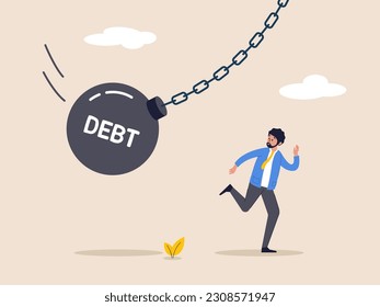 Debt problem concept. Obligation or financial loan crisis, liability or credit failure, no money to pay for debt, mortgage default, business man run away from heavy wrecking ball with the word debt.