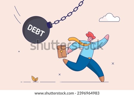 Debt problem concept. Obligation or financial loan crisis, liability or credit failure, no money to pay for debt, mortgage default, business man run away from heavy wrecking ball with the word debt.