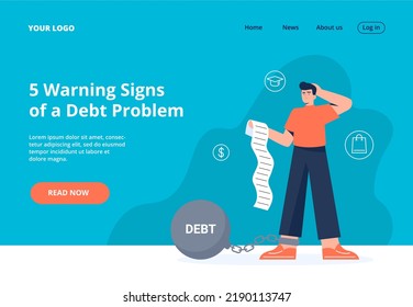 Debt problems. Financial obligation, and loan payment. A man has a burden of loans for shopping, graduation, and mortgage. Vector flat illustration from landing page or banner.