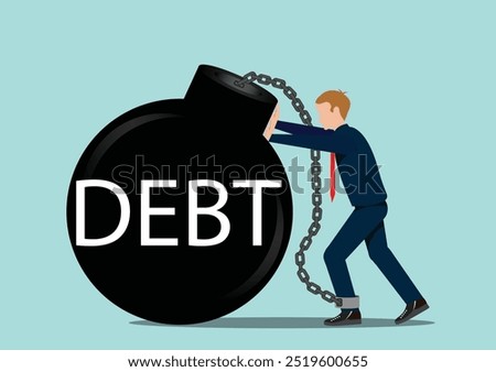 Debt problems with man by shackles chain with weight metal ball, concept of Debt and loan problem, financial mistake, bankruptcy and stress,Debt metal ball,  vector illustration.