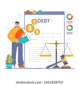 Debt Recovery concept. Man pours coins from a megaphone, representing debt collection, balanced with justice scales. Finance, law. Flat vector illustration