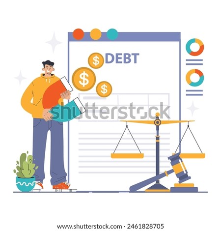 Debt Recovery concept. Man pours coins from a megaphone, representing debt collection, balanced with justice scales. Finance, law. Flat vector illustration
