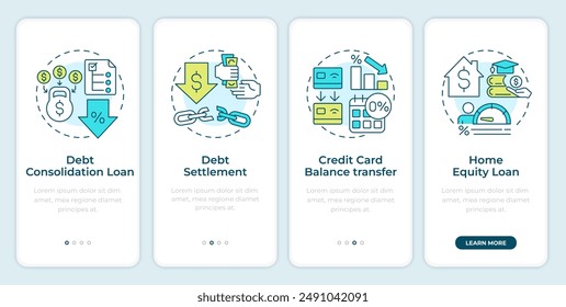 Debt relief options onboarding mobile app screen. Walkthrough 4 steps editable graphic instructions with linear concepts. UI, UX, GUI template