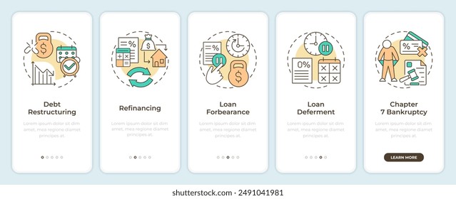 Debt reorganization process types onboarding mobile app screen. Walkthrough 5 steps editable graphic instructions with linear concepts. UI, UX, GUI template