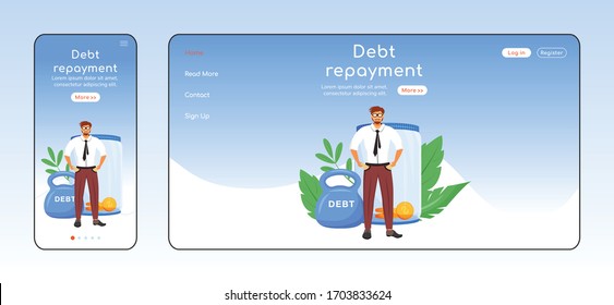 Debt repayment adaptive landing page flat color vector template. Taxes evasion mobile and PC homepage layout. Financial problem one page website UI. Economic burden webpage cross platform design