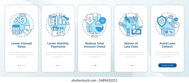 Reestructuración de la deuda beneficia la pantalla azul del App móvil de incorporación. Tutorial 5 pasos: instrucciones gráficas editables con conceptos lineales. UI, UX, Plantilla GUI